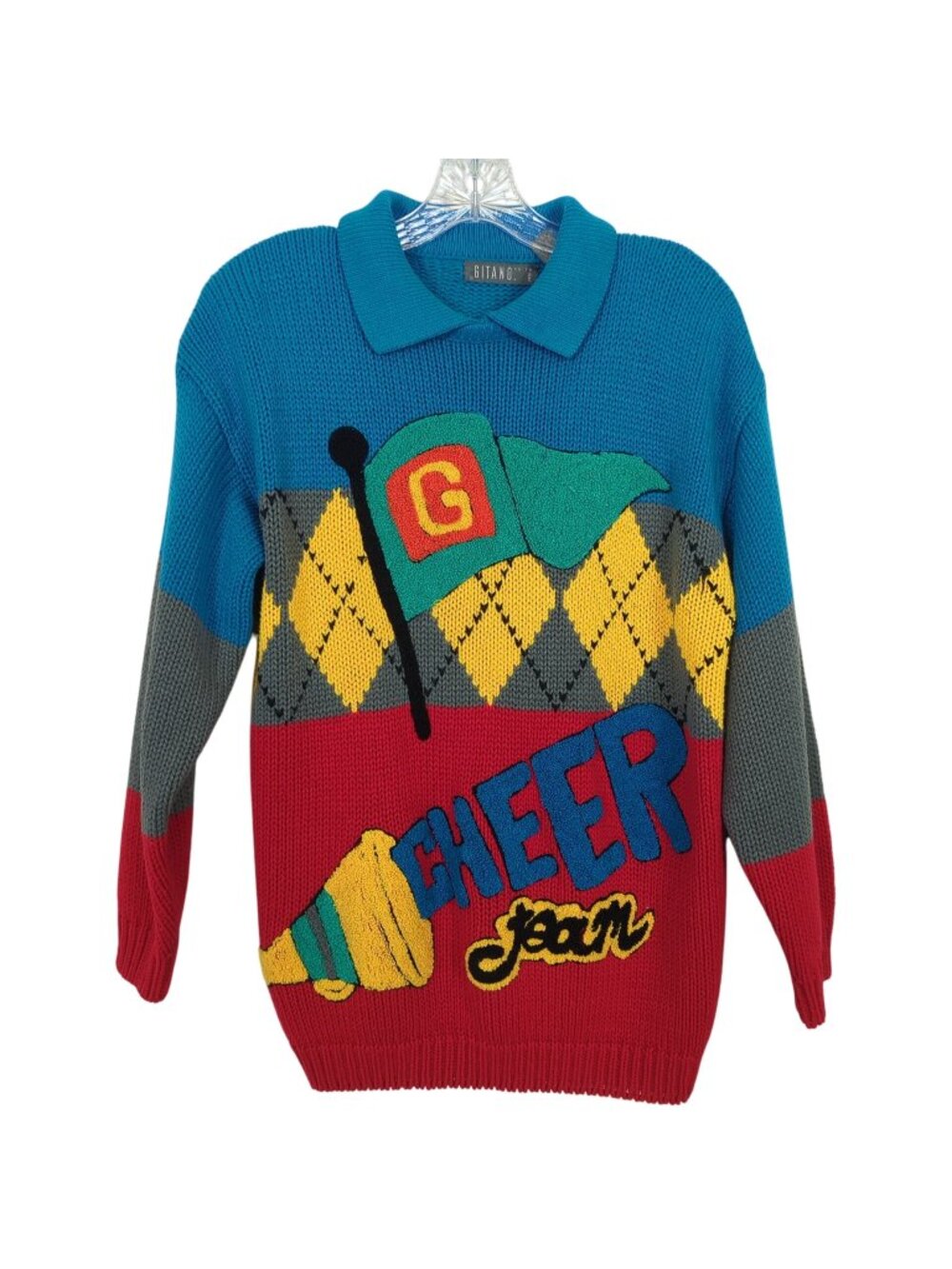 Vintage Gitano Knits Colorful Argyle Sweater size L Cheer Team with Collar 90's